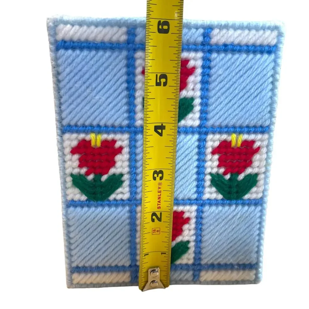 Vintage Handmade Yarn Tissue Box Cover Blue Floral Plastic Canvas Needlepoint
